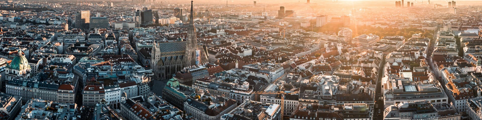 Aerial Drone Photo - Sunrise over St. Stephens Cathedral. Vienna, Austria