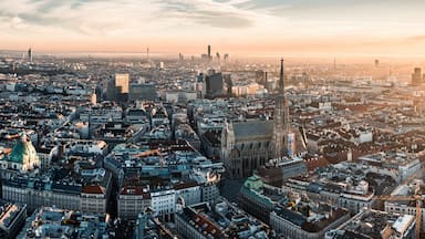 Aerial Drone Photo - Sunrise over St. Stephens Cathedral. Vienna, Austria