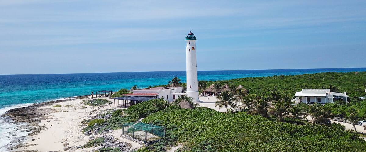 Drone shoot of white light house on the island of Cozumel Mexico