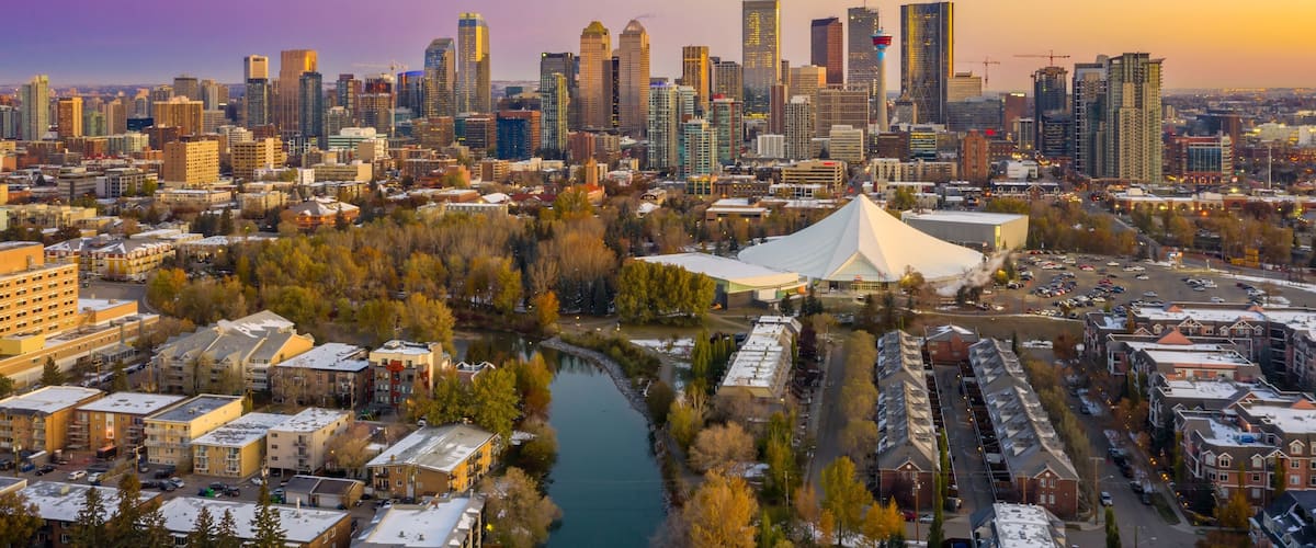 Calgary skyline at dawn, snow-covered buildings, and the ElBow River. Urban landscape. Calgary, Alberta, Canada