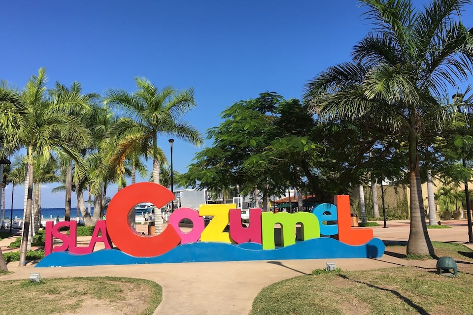 Een kleurrijk bord met de tekst 'ISLA COZUMEL', omringd door palmbomen en een helderblauwe lucht.