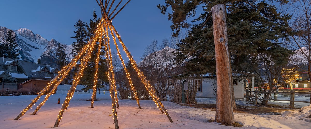 Christmas decorated tipi frame in Canmore, Alberta, Canada