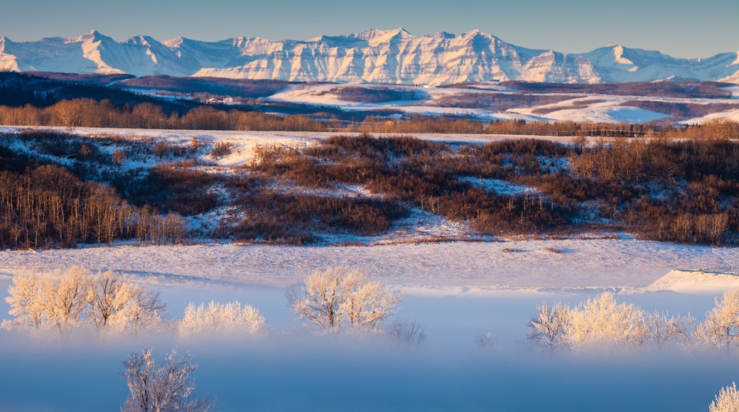 Bow River Valley in fog with the Rocky Mountains in the background, Calgary, Alberta