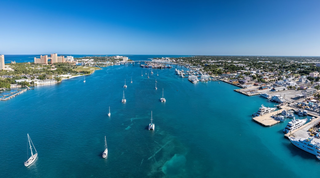 The drone panoramic view of Paradise Island and downtown district of Nassau, Bahamas.