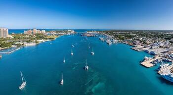 The drone panoramic view of Paradise Island and downtown district of Nassau, Bahamas.