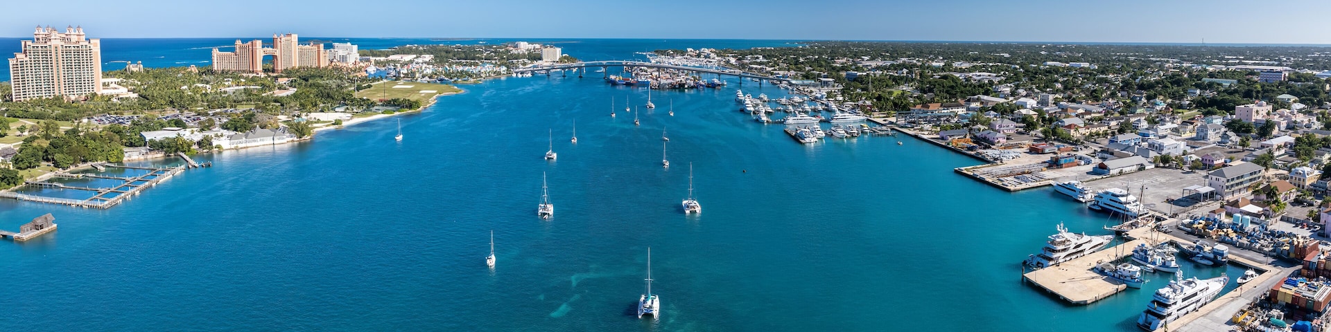 The drone panoramic view of Paradise Island and downtown district of Nassau, Bahamas.