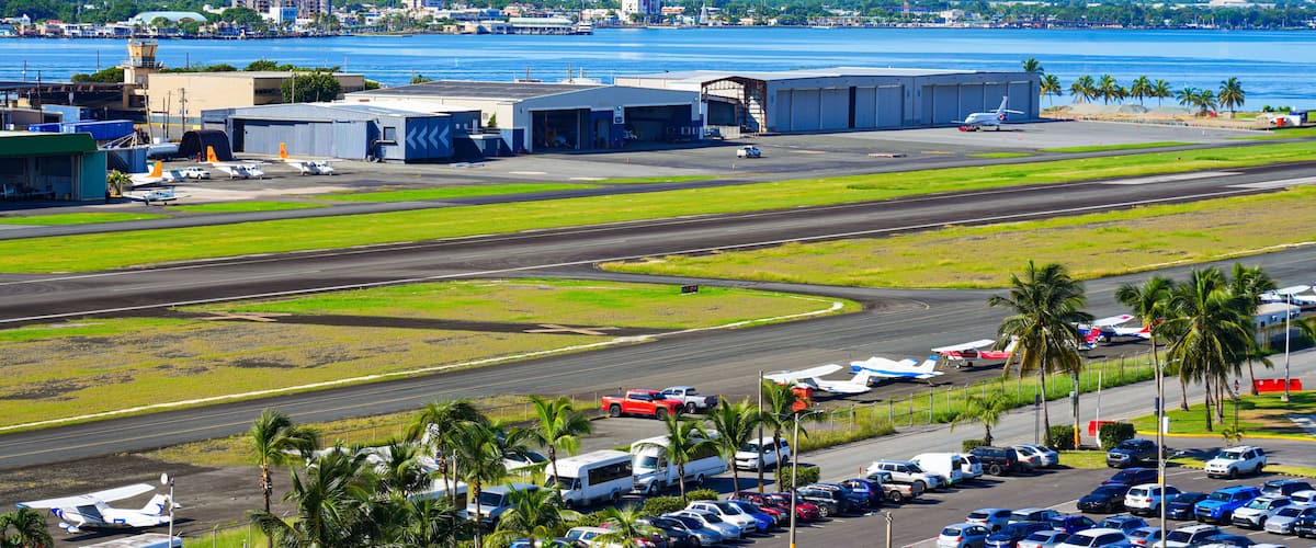Aerial view of Isla Grande Airport and flight hangars in San Juan, Puerto Rico