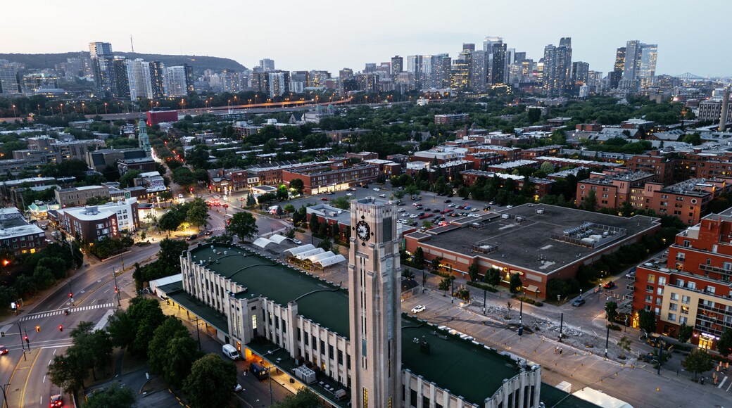 Aerial twilight view of Atwater Market and Montreal skyline, Quebec, Canada at blue hour. g.