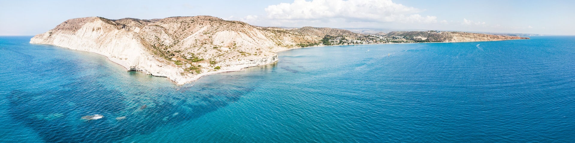 Aerial Panoramic view of Amazing Kourion beach. Limassol. Republic of Cyprus.
