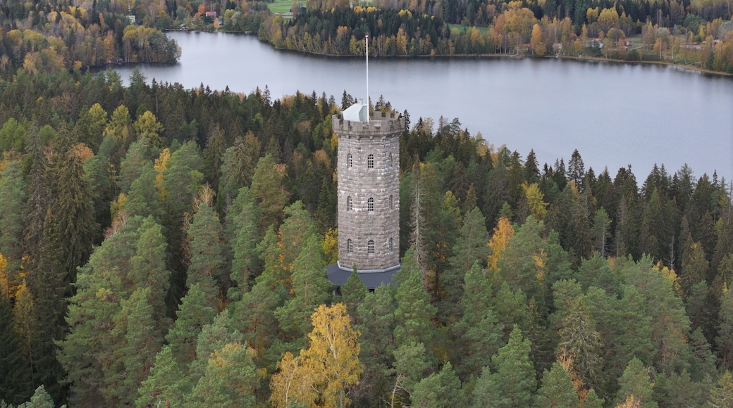 Aerial view of Aulanko Observation Tower surrounded by dense autumn forest and a lake in the background in Hameenlinna, Kanta-Hame, Finland.