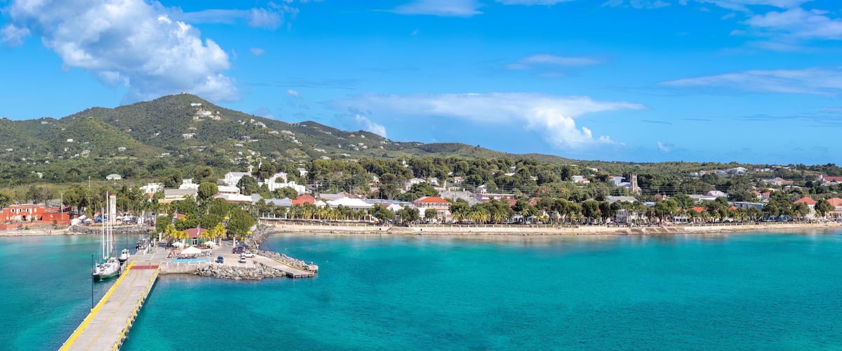 Panoramic skyline view of Saint Croix Frederiksted US Virgin Islands on Caribbean vacation.