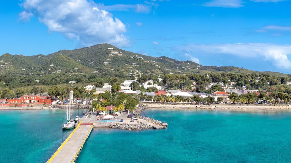 Panoramic skyline view of Saint Croix Frederiksted US Virgin Islands on Caribbean vacation.