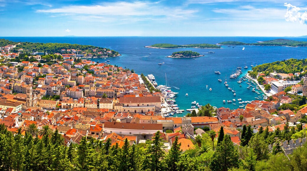 Island of Hvar bay aerial panoramic view
