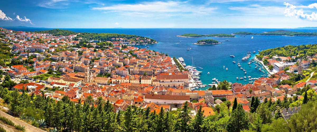 Island of Hvar bay aerial panoramic view