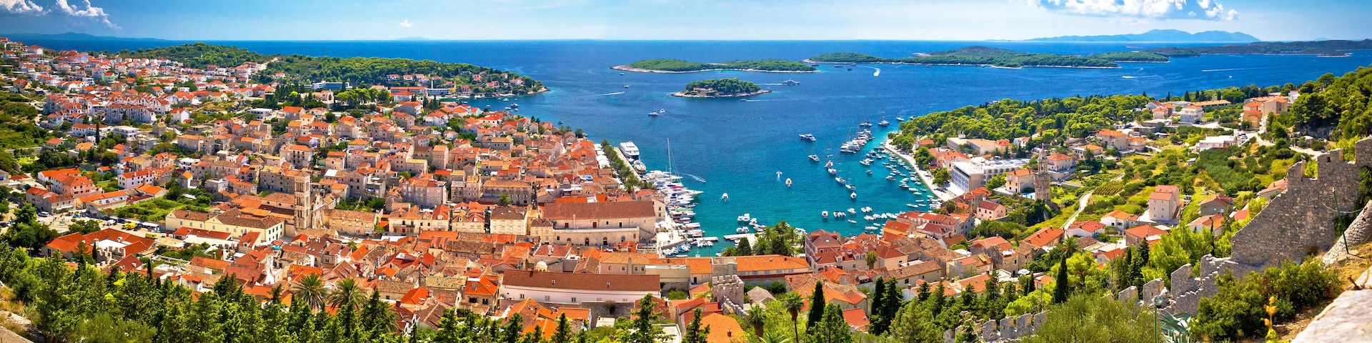 Island of Hvar bay aerial panoramic view