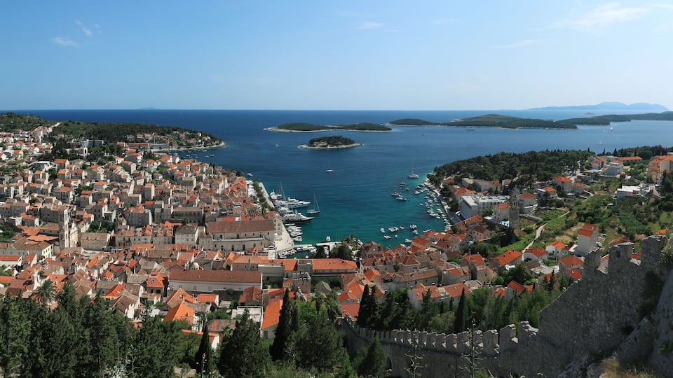 View of the city of Hvar and harbor from a fortification.