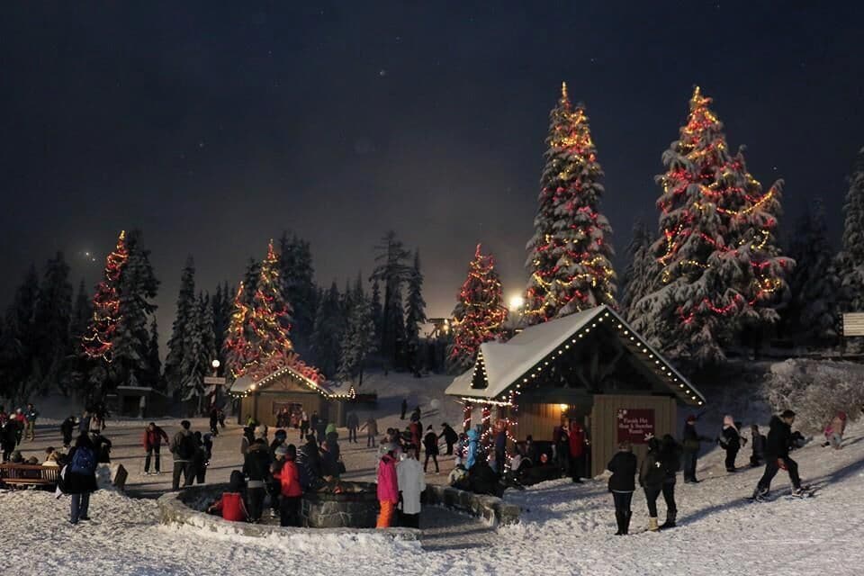 Paisagem nevada com árvores de Natal decoradas e um pequeno edifício iluminado.