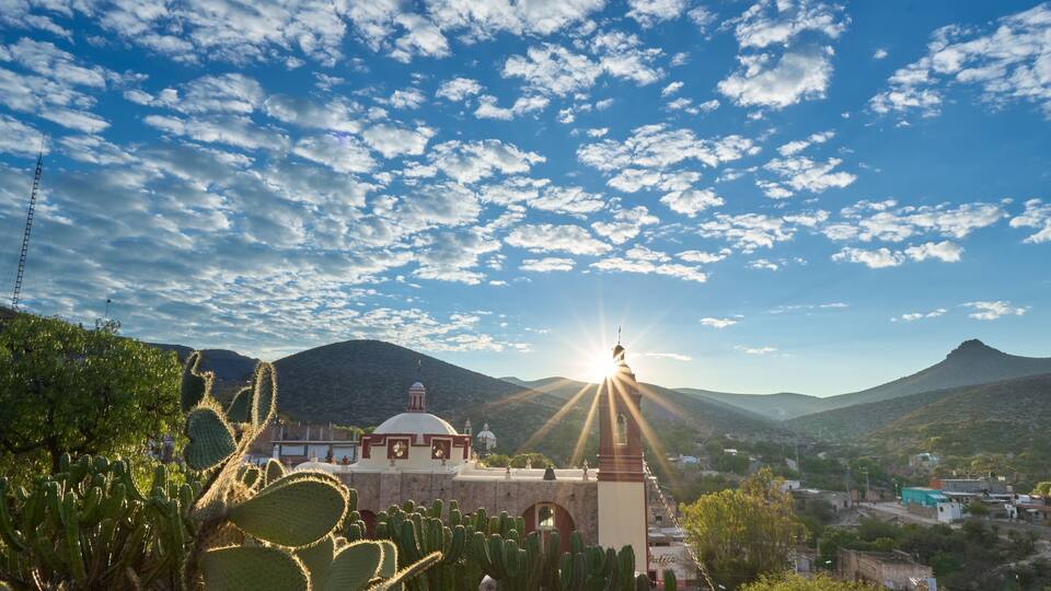 View of San Pedro hill at sunrise in San Luis Potosi, old town like Real de Catorce, Mexico, Magic town.