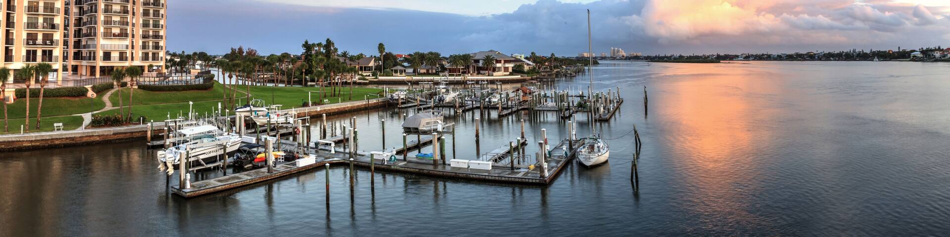 Boats and waterfront view at dawn over the Indian River