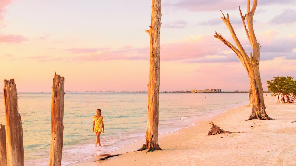 Beach sunset paradise vacation dream tourist lifestyle woman walking on shore banner panoramic background. Woman relaxing in Lovers key, South west coast of Florida, USA travel.