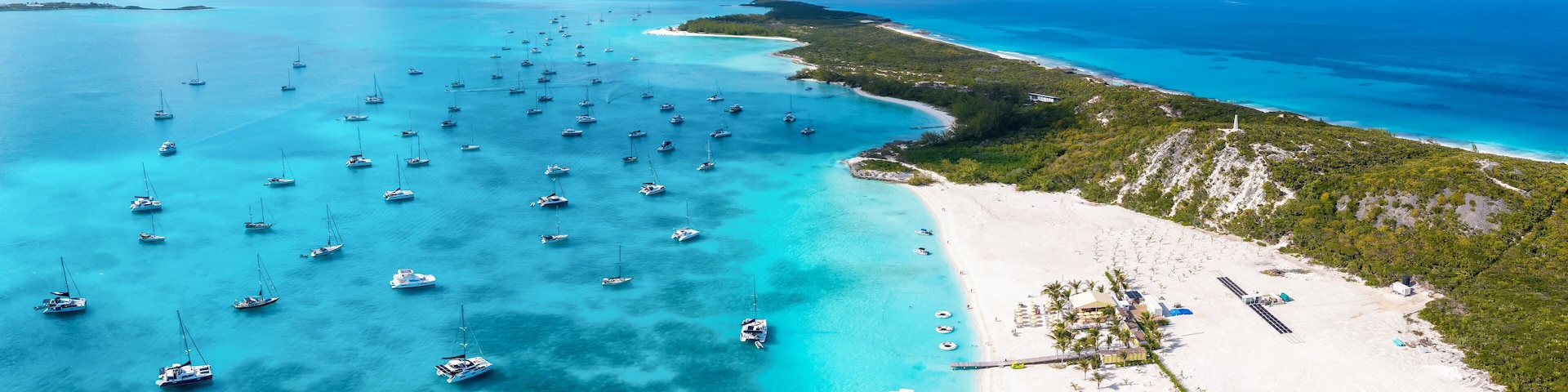 Aerial view of the beautiful Coconut beach at Stocking Island, The Exumas, Caribbean Sea, Bahamas