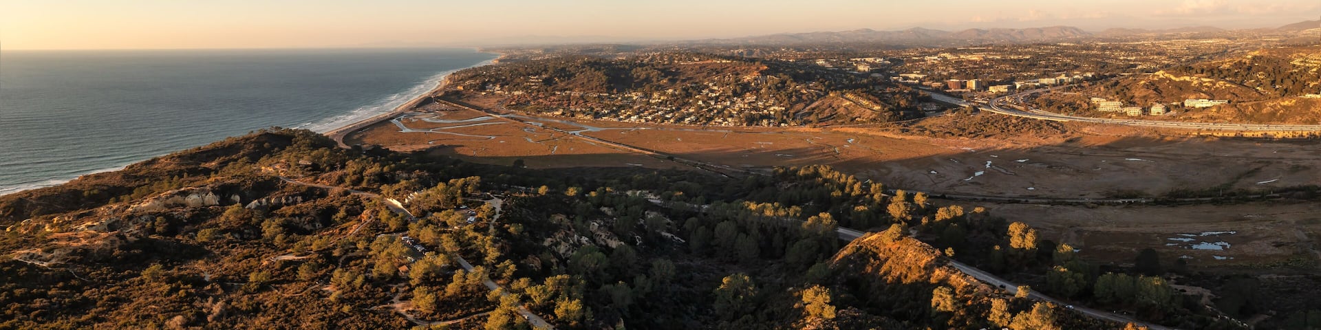 Aerial view of Torrey Pines State Park and Del Mar in the distance