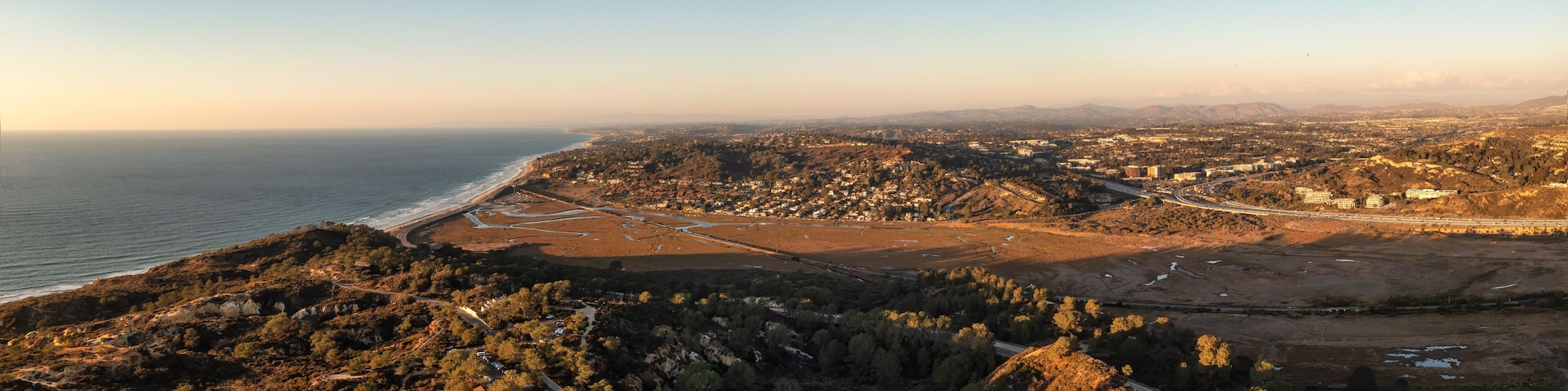 Aerial view of Torrey Pines State Park and Del Mar in the distance