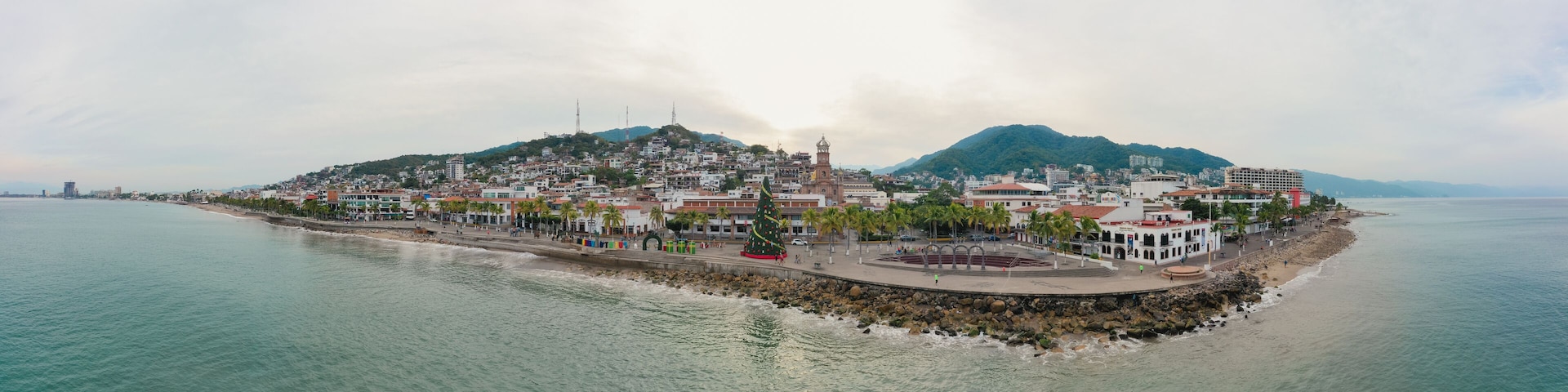 Puerto Vallarta boardwalk with an impressive view of Iglesia Villa de Guadalupe the icon of the city