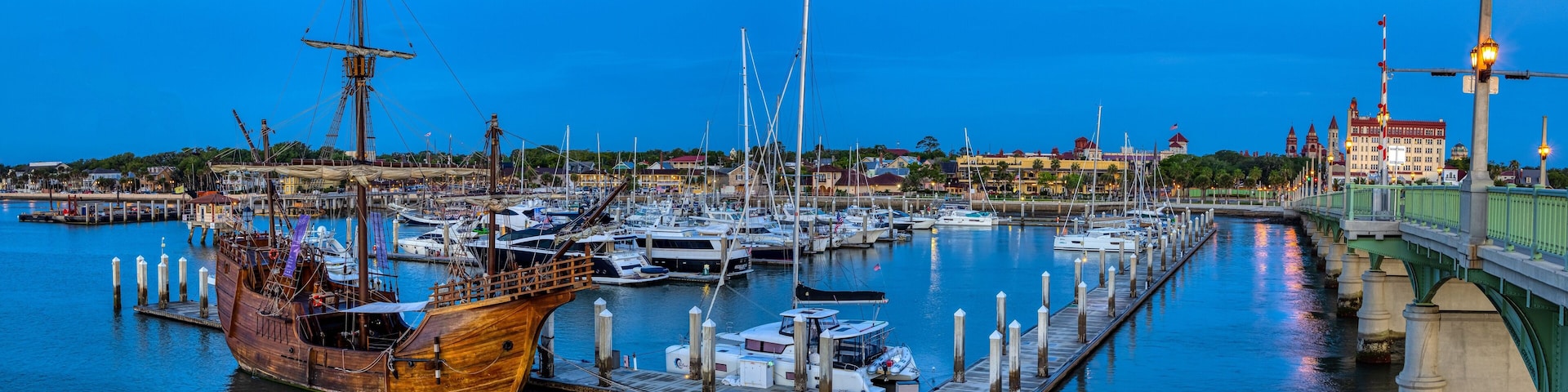 Panoramic shot of a port with moored ships and boats in St. Augustine, Florida