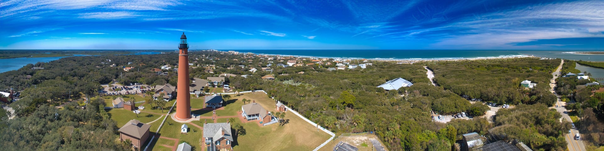 Panoramic aerial view of Ponce de Leon Lighthouse at sunset, Florida