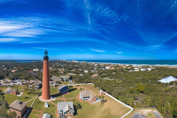 Panoramic aerial view of Ponce de Leon Lighthouse at sunset, Florida