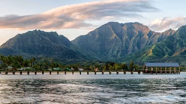 A wooden pier extending into a calm lake, with a small pavilion at the end. In the background, there are lush green mountains and a few palm trees.