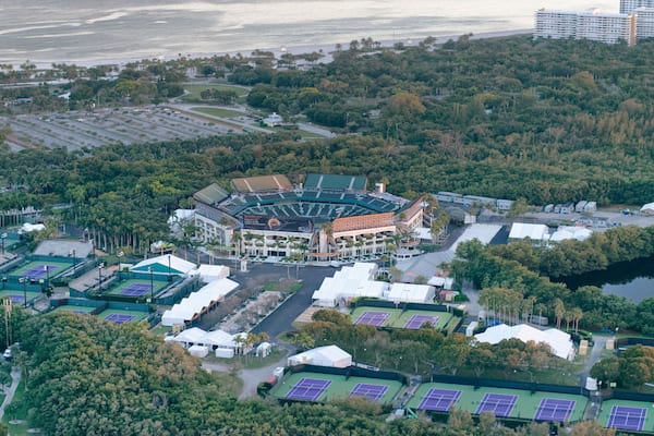 MIAMI - FEBRUARY 27, 2016: Crandon Park in Key Biscayne, aerial view. It is famous for international tennis championships