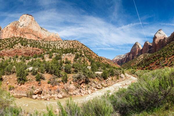 Panorama im Zion National Park mit Straße, Fluss und Bergen