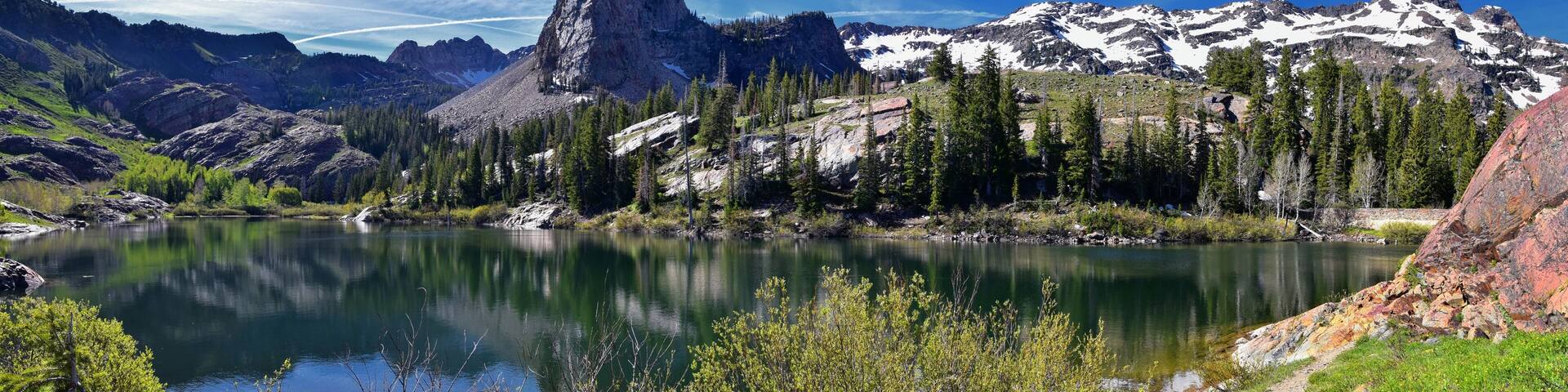 Lake Blanche Hiking Trail panorama views. Wasatch Front Rocky Mountains, Twin Peaks Wilderness, Wasatch National Forest in Big Cottonwood Canyon in Salt Lake County Utah. United States.