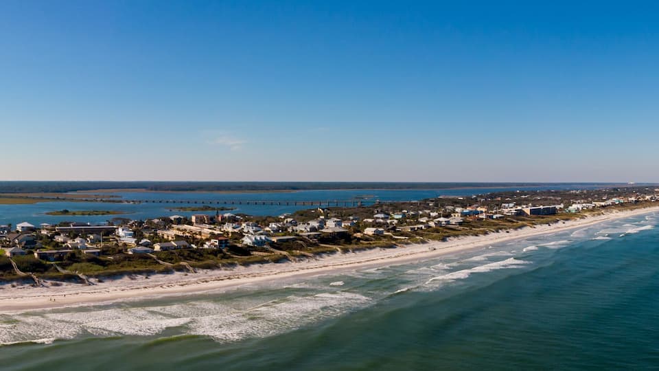 Aerial panorama Crescent Beach Florida coastline vacation homes