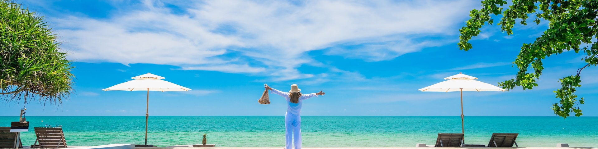Wide panorama happy traveler woman on edge infinity pool joy fun nature view scenic landscape, Leisure time tourist travel Phuket Thailand summer holiday vacation, Tourism beautiful destination Asia