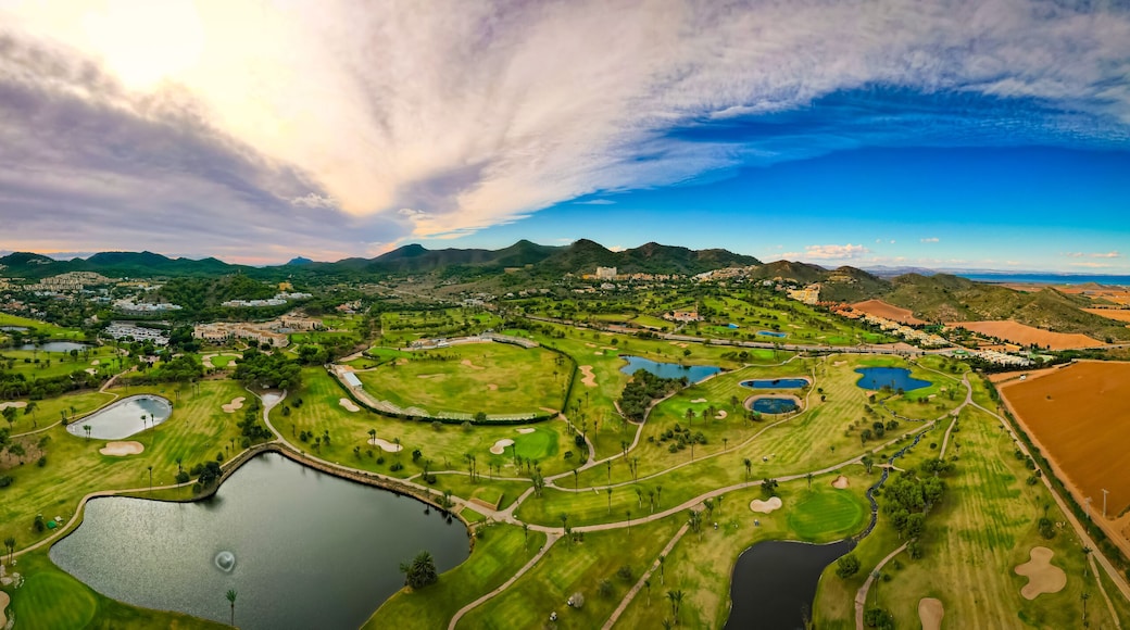 La Manga Resort on the Mediterranean Ocean in Spain. Aerial view - moody skies above the resort.