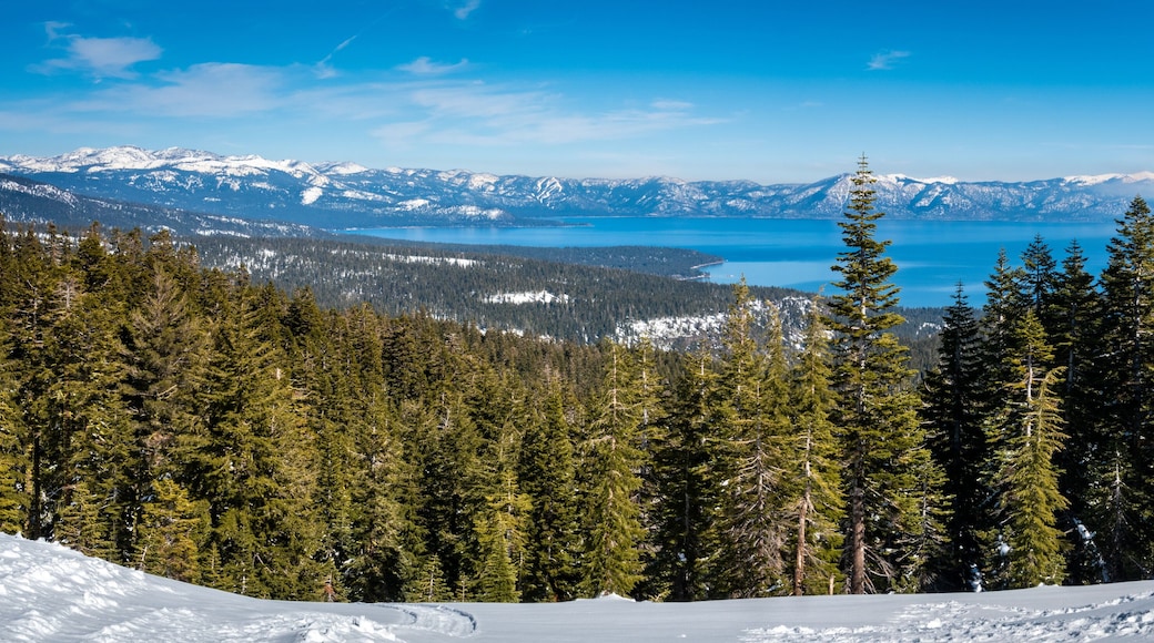 Panoramic view of the Sierra Nevada Mountains of California with Lake Tahoe in the background, from the (Olympic) Valley Ski Resort, between Truckee and Tahoe City.