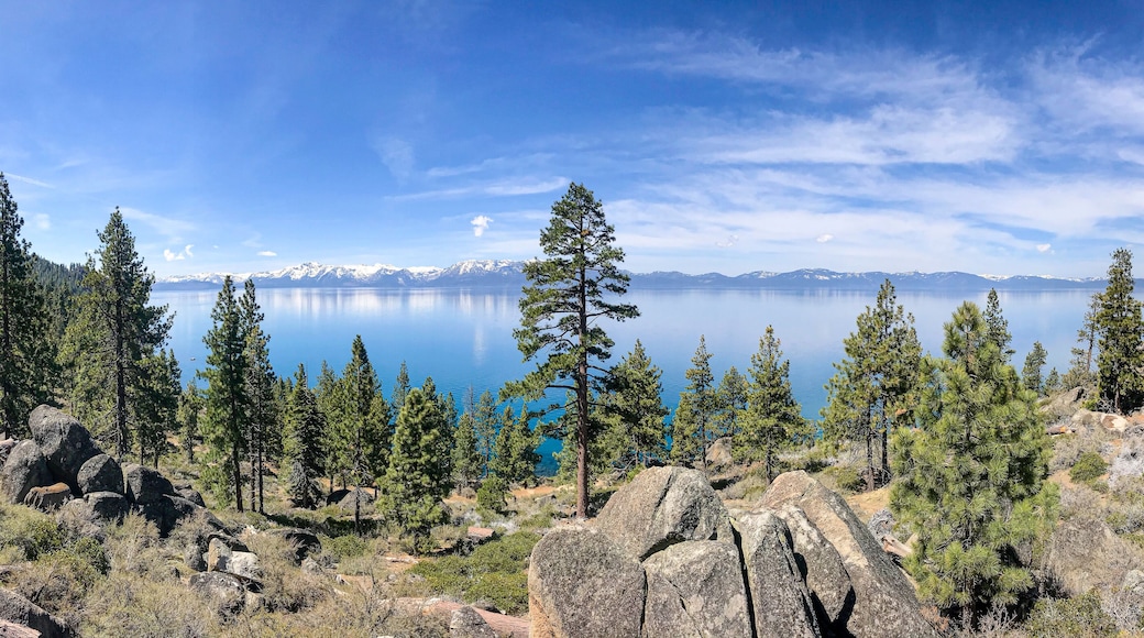 Beautiful Lake Tahoe with pine trees and rocks along the bank
