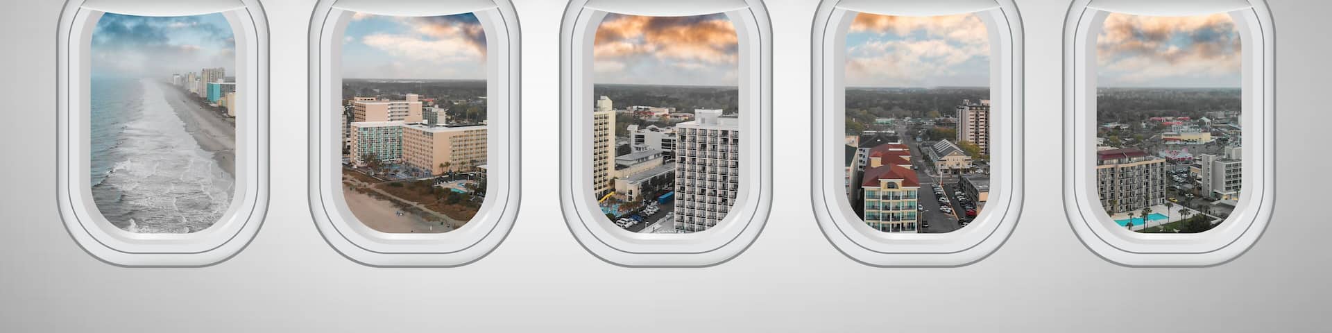 Myrtle Beach at sunset as seen through five aircraft windows. Holiday and travel concept