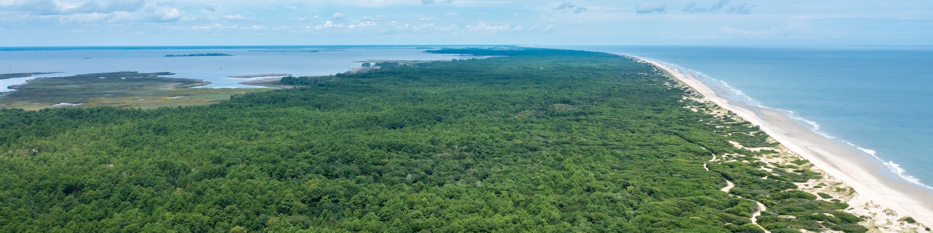 Aerial View False Cape State Park and Back Bay National Wildlife Refuge in Virginia Beach Looking North with Overcast