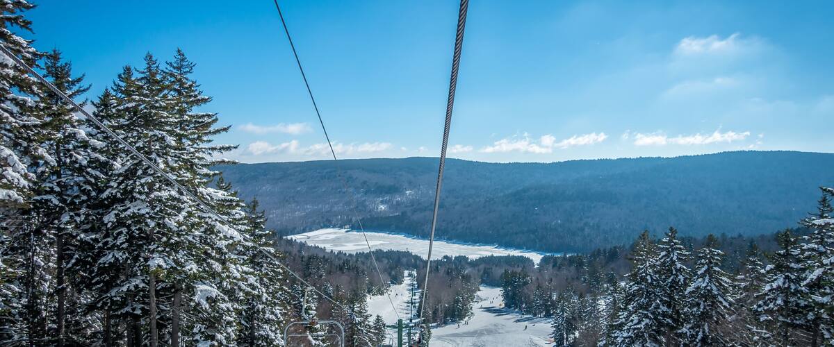 A ski lift cable, snow-covered trees, a snowy mountain landscape, and a clear blue sky.
