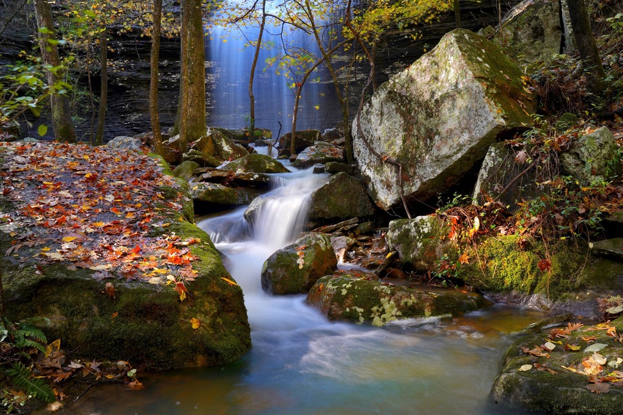 Un ruisseau de forêt, avec des rochers et des feuilles d’automne.