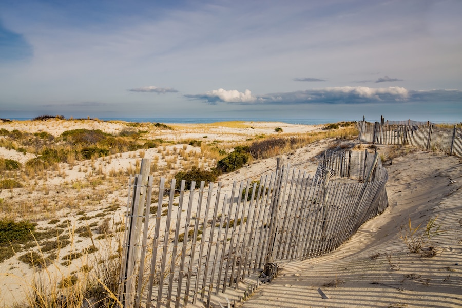 A sandy beach with a wooden fence and dunes.