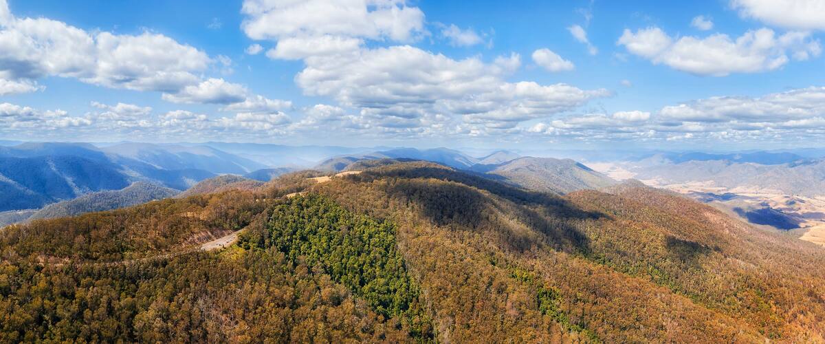 A mountainous landscape with dense forests and a clear sky.