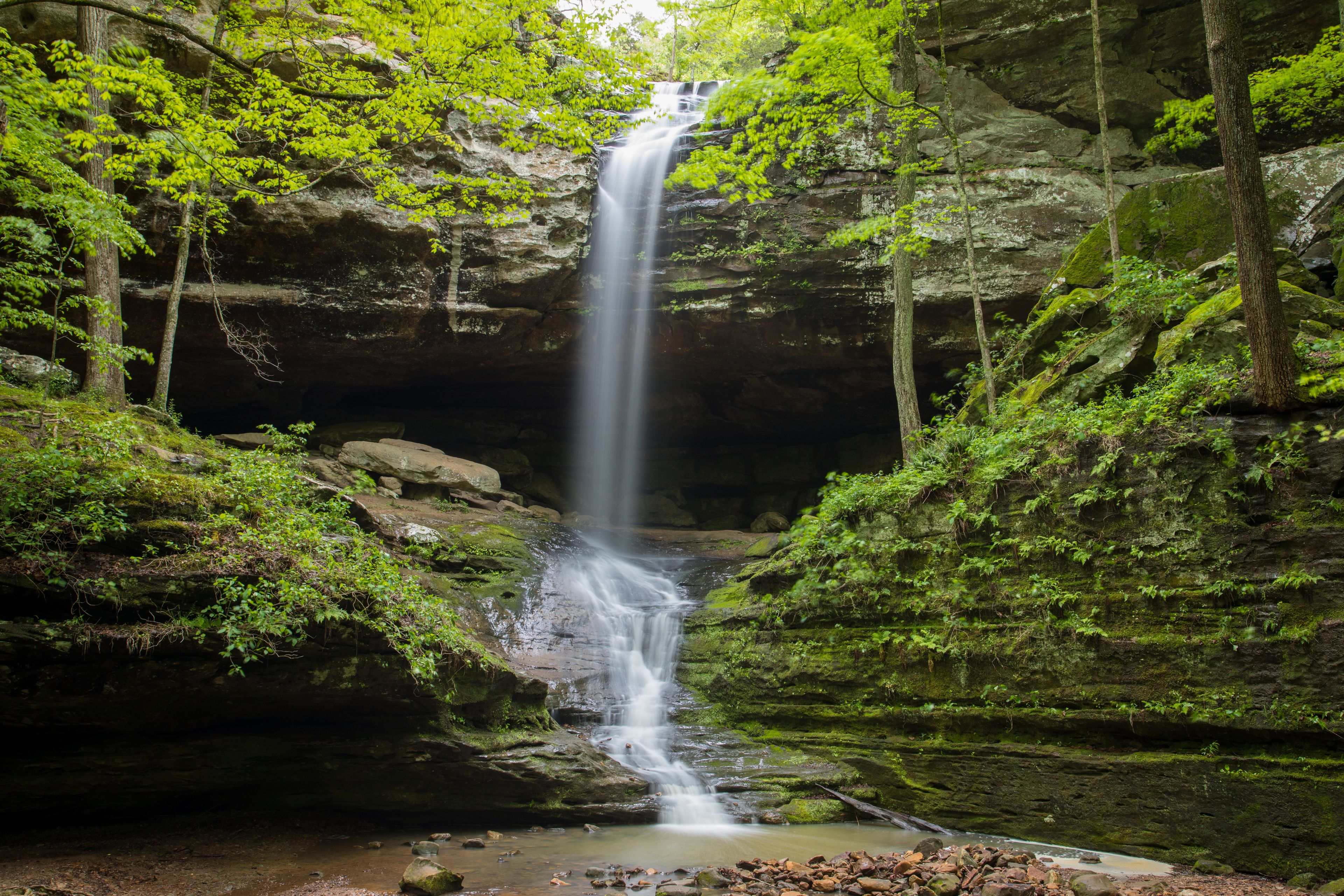 A waterfall cascading down a rocky cliff surrounded by lush greenery.