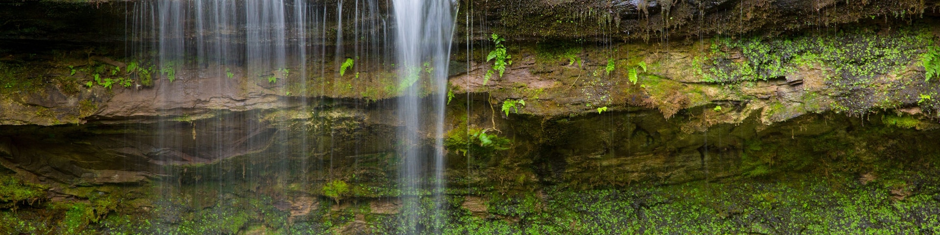 A waterfall cascading over moss-covered rocks in a forested area.
