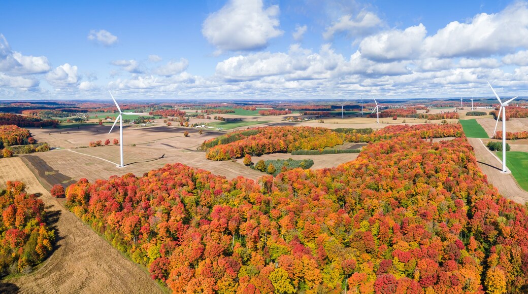 Autumn sunny day with wind turbines in central Michigan farmland near Cadillac Michigan