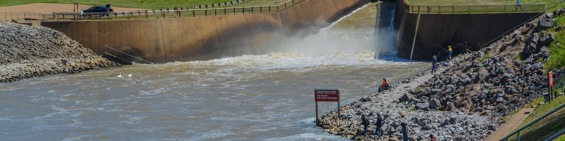 The Dammed Tallahatchie River feeds the spillway to feed the Sardis Reservoir in Sardis, Panola County, Mississippi